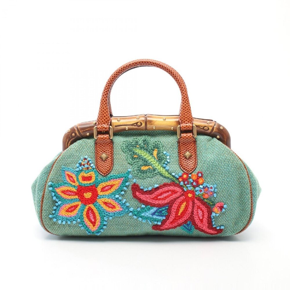 Gucci Bamboo Flower Embroidered Handbag Exotic Leather Green